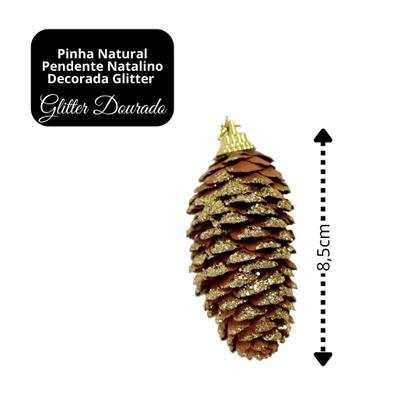Imagem de Jogo 6 Pinha Natural Pendente Natalina 8,5cm com Glitter Dourado e Cordão para Pendurar