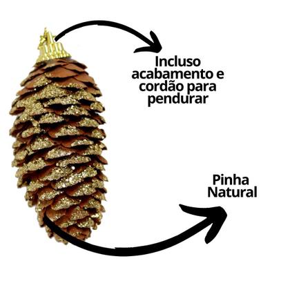 Imagem de Jogo 6 Pinha Natural Pendente Natalina 8,5cm com Glitter Dourado e Cordão para Pendurar