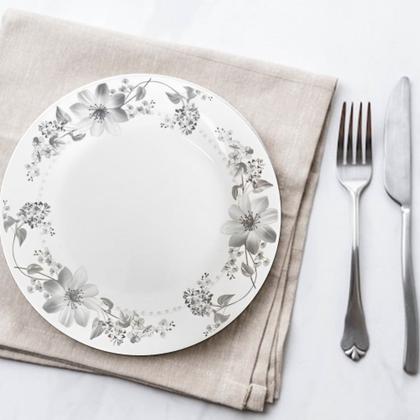 Imagem de Jogo 6 Prato Raso de Vidro Branco Flores Cinza Flowers Grey 26cm Em Casa Tem
