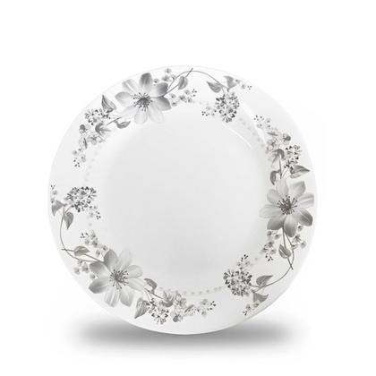 Imagem de Jogo 6 Prato Raso de Vidro Branco Flores Cinza Flowers Grey 26cm Em Casa Tem