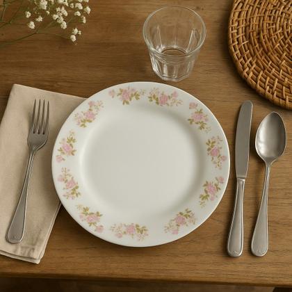 Imagem de Jogo 6 Pratos Rasos 25,5cm 6 Pratos de Sobremesa 20cm Vidro Branco Flowers Em Casa Tem