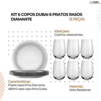Imagem de Jogo 6 Pratos Rasos Diamante + 6 Copos Dubai 480ml Conjunto
