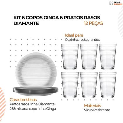 Imagem de Jogo 6 Pratos Rasos Diamante + 6 Copos Ginga 265ml Conjunto