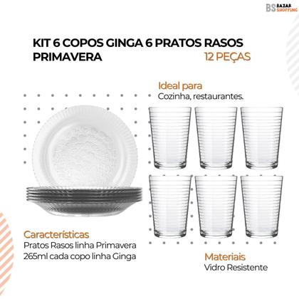 Imagem de Jogo 6 Pratos Rasos Primavera + 6 Copos Ginga 265ml Conjunto