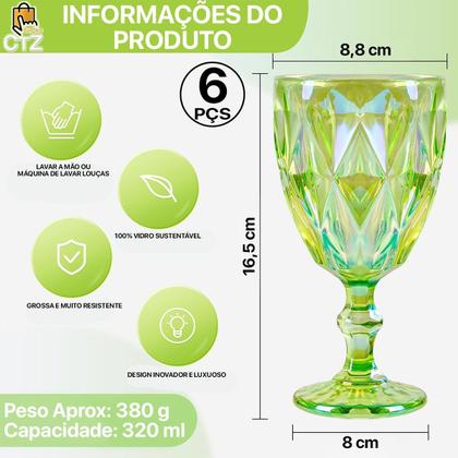 Imagem de Jogo 6 Taças de Vidro Luxo Diamond Verde Transparente 310ml Vinho Água Drinks Grosso Resistente Diamante