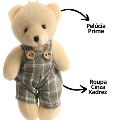 Imagem de Jogo 6 Ursinhos Pelúcia Pendente Natal Roupa Cinza Xadrez 13cm - Magizi