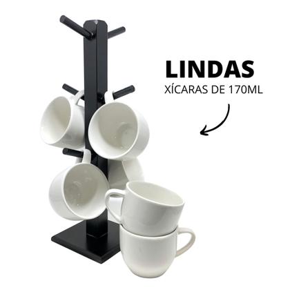 Imagem de Jogo 6 Xícara 170ml Branca Porcelana Com Suporte Preto