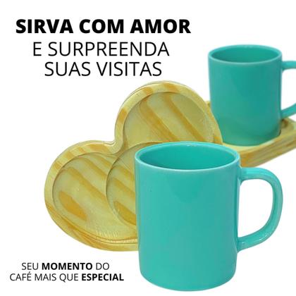 Imagem de Jogo 6 Xícara Caneca Porcelana 100ml E Pires Madeira Coração