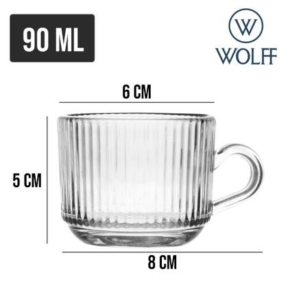Imagem de Jogo 6 Xícara de Café de Cristal com Alça Lines Vidro Transparente Canelada 90ml Wolff