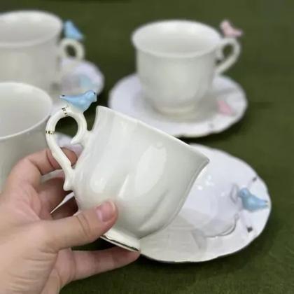 Imagem de Jogo 6 Xícara de Café Porcelana Birds Azul e Branca Fio Dourado Pássaro com Pires 100ml Wolff