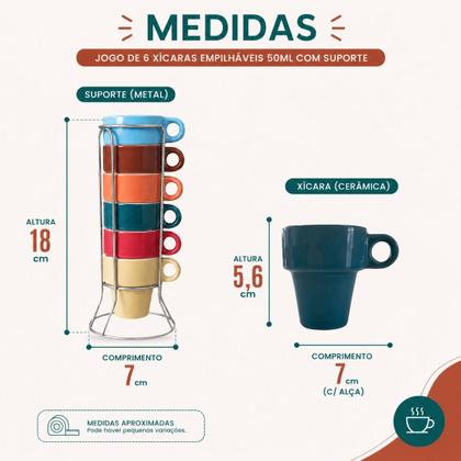 Imagem de Jogo 6 xícaras 50ml Multicolorido Empilháveis c/Suporte Cerâmica Café Presente Cozinha Mesa Posta -