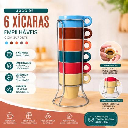 Imagem de Jogo 6 xícaras 50ml Multicolorido Empilháveis c/Suporte Cerâmica Café Presente Cozinha Mesa Posta -