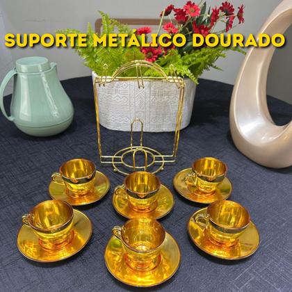 Imagem de Jogo 6 Xícaras 85ml De Vidro Com Pires E Suporte Hauskraft Luxo Dourado Mesa Posta