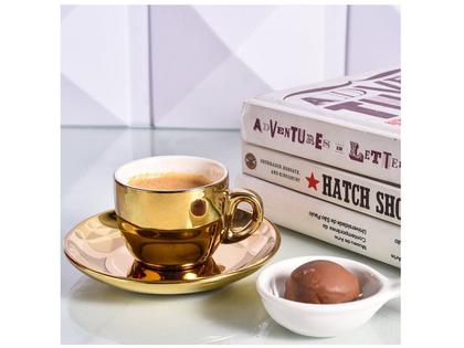 Imagem de Jogo 6 Xícaras 90ml De Café Porcelana com Pires e suporte Branco/Dourado