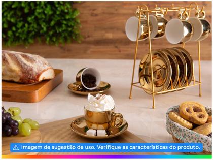 Imagem de Jogo 6 Xícaras 90ml De Café Porcelana com Pires e suporte Branco/Dourado