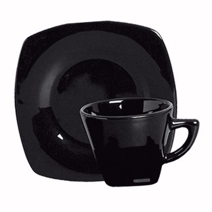 Jogo 6 xícaras c/ pires cerâmica preta quadrada p/ chá 150ml