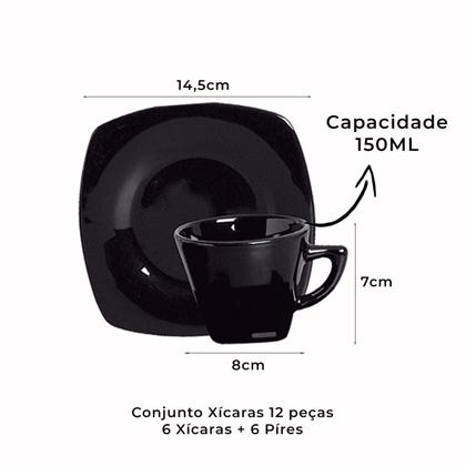Jogo 6 xícaras c/ pires cerâmica preta quadrada p/ chá 150ml