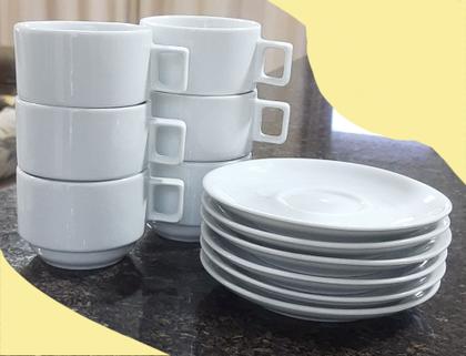 Imagem de Jogo 6 xícaras Café,Chá com pires Empilháveis Porcelana branca,