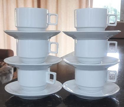 Imagem de Jogo 6 xícaras Café,Chá com pires Empilháveis Porcelana branca,