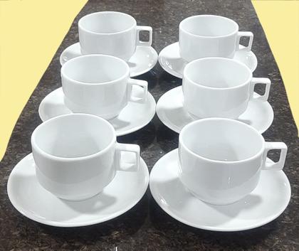 Imagem de Jogo 6 xícaras Café,Chá com pires Empilháveis Porcelana branca,