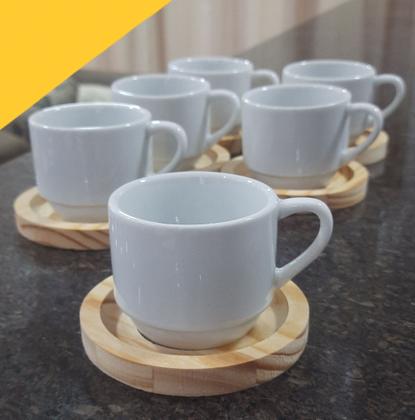 Imagem de Jogo 6 xícaras café/chá hotel 200ml empilháveis com pires de Pinus - Porcelana branca