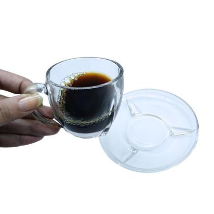 Imagem de Jogo 6 Xicaras Canecas de Vidro Transparente Café Chá Com Pires E Alça 90ml