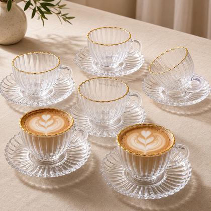 Imagem de Jogo 6 Xícaras De Café Chá Borda De Ouro Com Pires 100ml 200ml Vidro Oxford