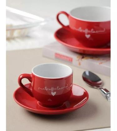 Imagem de Jogo 6 Xícaras de Café com Pires em Porcelana L'amour Vermelha 90ml Hauskraft