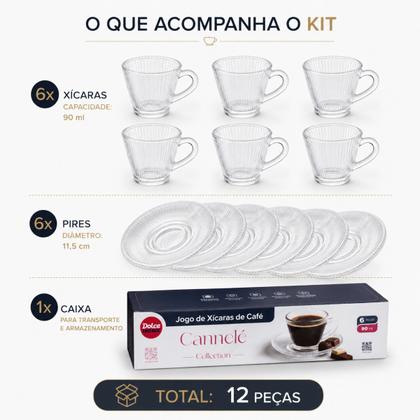 Imagem de Jogo 6 Xícaras de Café com Pires Vidro Canelado 90ml