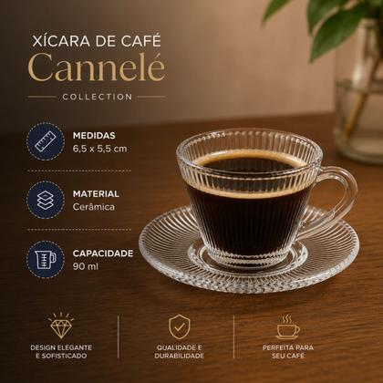 Imagem de Jogo 6 Xícaras de Café com Pires Vidro Canelado 90ml