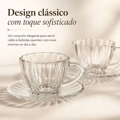 Imagem de Jogo 6 Xícaras de Café Curto Expresso 80 Ml Vidro Canelado Com Pires