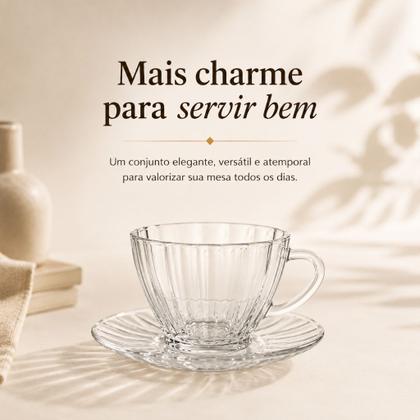 Imagem de Jogo 6 Xícaras de Café Curto Expresso 80 Ml Vidro Canelado Com Pires