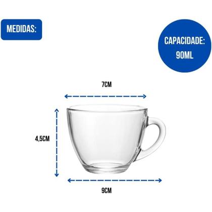 Imagem de Jogo 6 Xícaras de Café Vidro 90ml Conjunto de Xicara Chá redonda com Alça Cappuccino