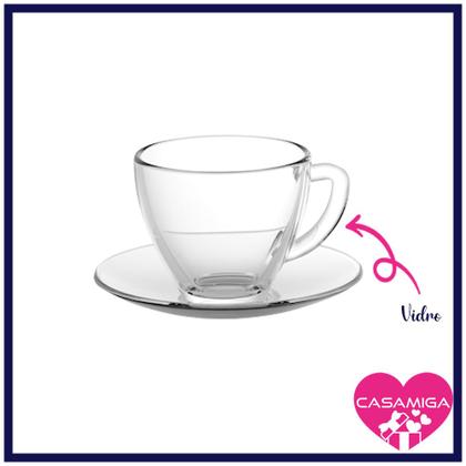 Imagem de Jogo 6 Xícaras de Café Vidro Com Pires Transparente Liso Clássico