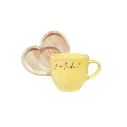 Imagem de Jogo 6 Xícaras Porcelana Amarelas Gratidão 170ml C/ Pires Coração