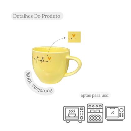 Imagem de Jogo 6 Xícaras Porcelana Amarelas Gratidão 170ml C/ Pires Coração