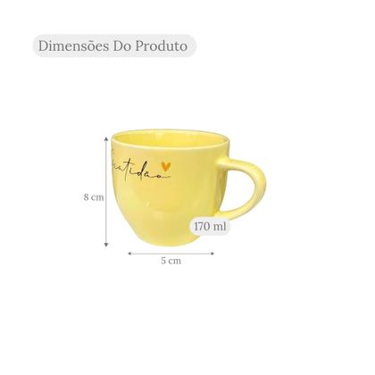 Imagem de Jogo 6 Xícaras Porcelana Amarelas Gratidão 170ml C/ Pires Coração