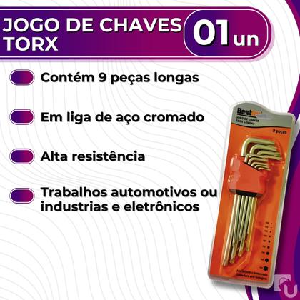 Imagem de Jogo 9 Peças De Chaves Torx Longa Aço Cromado Com Guia Uso Automotivo Industrial Eletrônico Bestfer