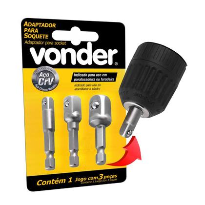 Imagem de Jogo Adaptador Soquete Vonder para Parafusadeira Kit 3 Peças Cachimbo 1/4 3/8 1/2