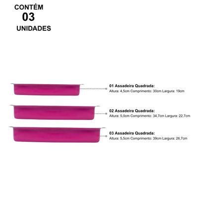Imagem de Jogo Assadeira Retangular Antiaderente 3 Peças Rosa Nacional