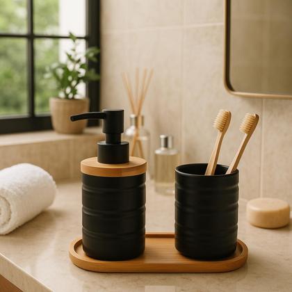 Imagem de Jogo Banheiro Kit Lavabo Porcelana Porta Sabonete Liquido Escova Bandeja Bambu Acabamento Ondulado