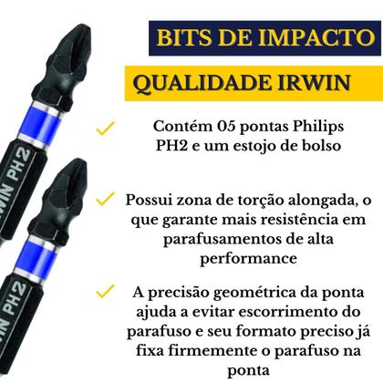 Imagem de Jogo Bits De Impacto Parafusadeira Ph2 Com Imã Irwin Power Bit 5pcs 49mm Alto Impacto 1865325 Magnético Imantado