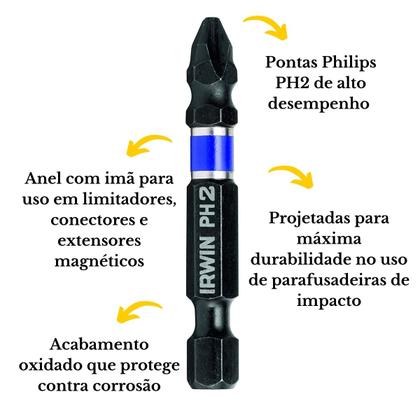 Imagem de Jogo Bits De Impacto Parafusadeira Ph2 Com Imã Irwin Power Bit 5pcs 49mm Alto Impacto 1865325 Magnético Imantado