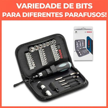 Imagem de Jogo Bits e Soquetes Bosch 38 Peças Para Aparafusar Com Estojo Compacto e Leve Chave Catraca Com Extensores e Chaves Allen Montagem e Desmontagens