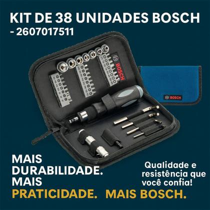 Imagem de Jogo Bits e Soquetes Bosch 38 Peças Para Aparafusar Com Estojo Compacto e Leve Chave Catraca Com Extensores e Chaves Allen Montagem e Desmontagens