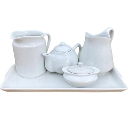 Jogo Café e Chá, Bandeja + Açucareiro barquinha 100ml + Chaleira 400ml + Leiteira 700ml + jarra 740ml - Porcelana Branca - Antilope Decor Porcelanas Imagem de Jogo Café e Chá, Bandeja + Açucareiro barquinha 100ml + Chaleira 400ml + Leiteira 700ml + jarra 740ml - Porcelana Branca