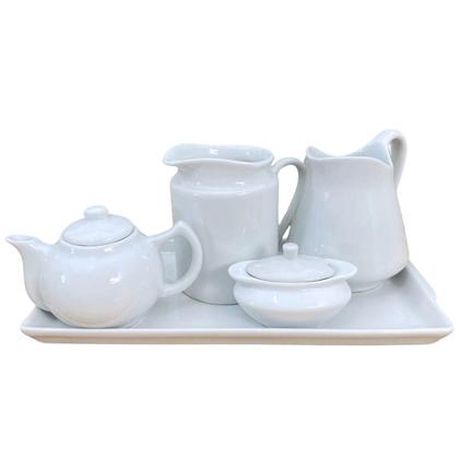 Jogo Café e Chá, Bandeja + Açucareiro barquinha 100ml + Chaleira 400ml + Leiteira 700ml + jarra 740ml - Porcelana Branca - Antilope Decor Porcelanas Imagem de Jogo Café e Chá, Bandeja + Açucareiro barquinha 100ml + Chaleira 400ml + Leiteira 700ml + jarra 740ml - Porcelana Branca