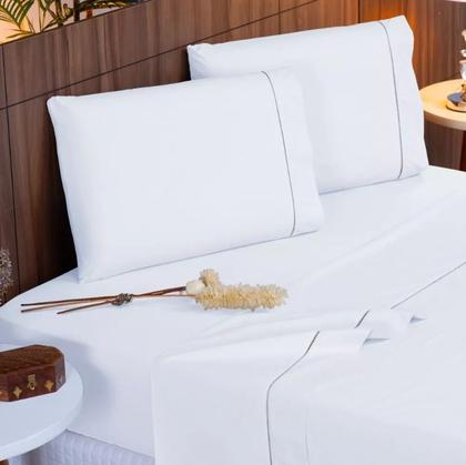 Imagem de Jogo cama lençol casal queen 4 peças branco percal 100% algodão elastico ponto palito - cecicasa