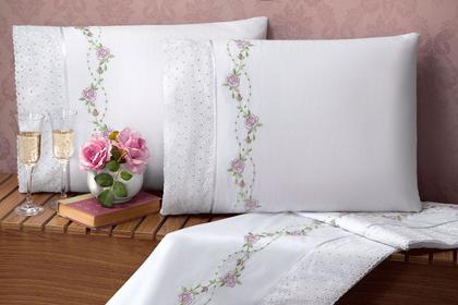 Imagem de Jogo Cama Lençol Casal Queen Holambra 04 Peças Tecido Algodão 200 Fios Bordado Floral - Branco