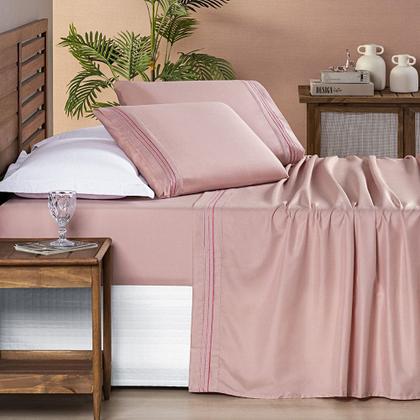 Imagem de Jogo Cama Lençol Honore King Micro Percal 200 Fios c/ Detalhes Bordados 4 Peças - Sal Rosa